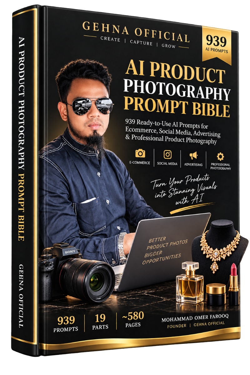 Cover of the AI Product Photography Prompt Bible by GEHNA OFFICIAL — 939 prompts, 19 parts, about 580 pages