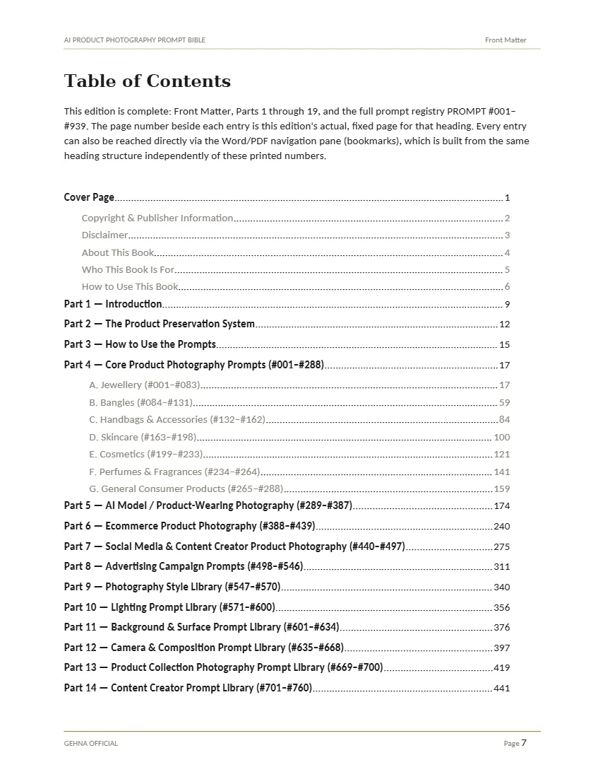 Table of contents page listing Parts 1 to 19 with prompt ranges