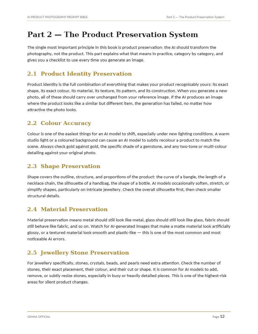 Part 2 page explaining product identity, colour, shape and stone preservation